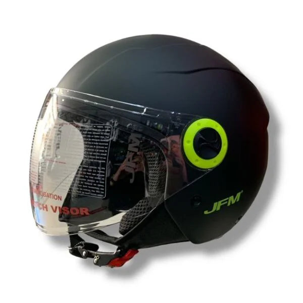 CASCO DEMI JET JFM 205 VISIERA LUNGA - nero opaco con cover, viti e logo giallo