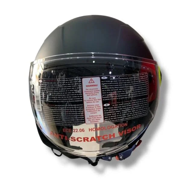 CASCO DEMI JET JFM 205 VISIERA LUNGA - nero opaco con cover, viti e logo giallo