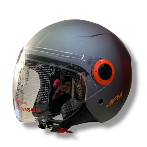 CASCO DEMI JET JFM 205 VISIERA LUNGA - antracite opaco con cover, viti e logo arancione