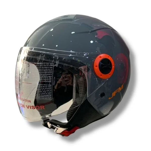 CASCO DEMI JET JFM 205 VISIERA LUNGA - grigio lucido con cover, viti e logo arancione