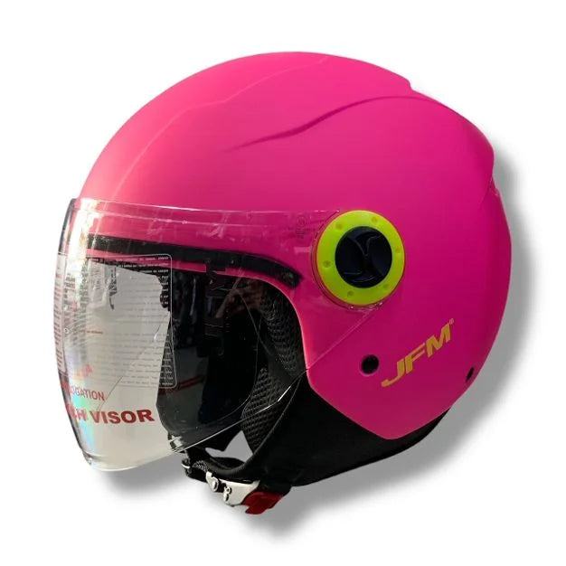 CASCO DEMI JET JFM 205 VISIERA LUNGA - rosa opaco con cover, viti e logo giallo