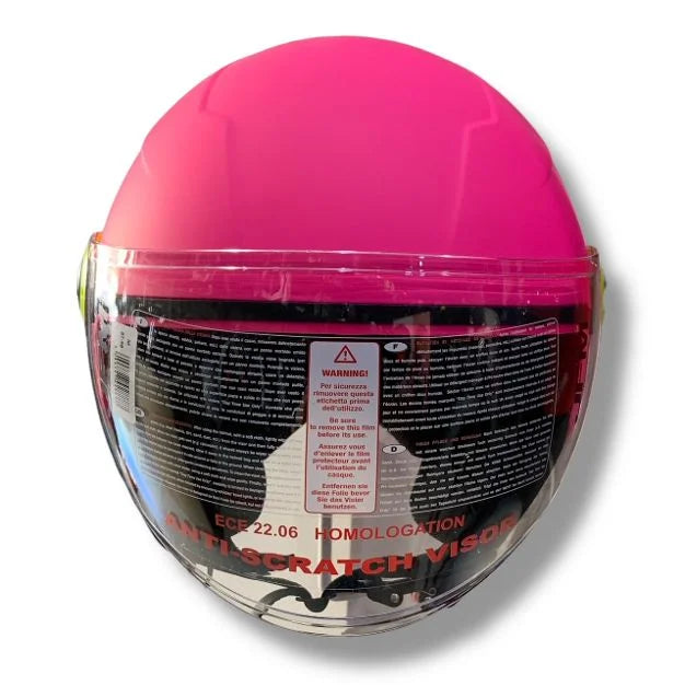 CASCO DEMI JET JFM 205 VISIERA LUNGA - rosa opaco con cover, viti e logo giallo