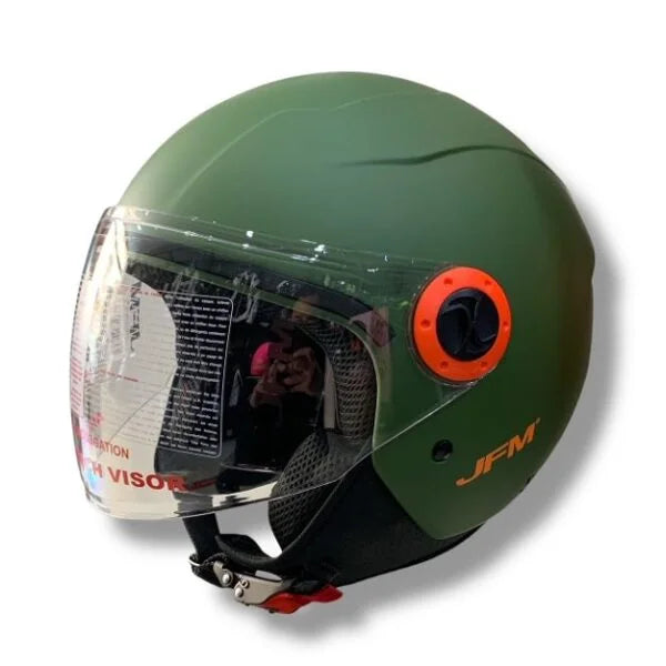 CASCO DEMI JET JFM 205 VISIERA LUNGA - verde militare opaco con cover, viti e logo arancione