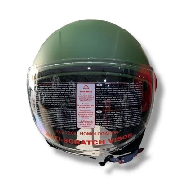 CASCO DEMI JET JFM 205 VISIERA LUNGA - verde militare opaco con cover, viti e logo arancione