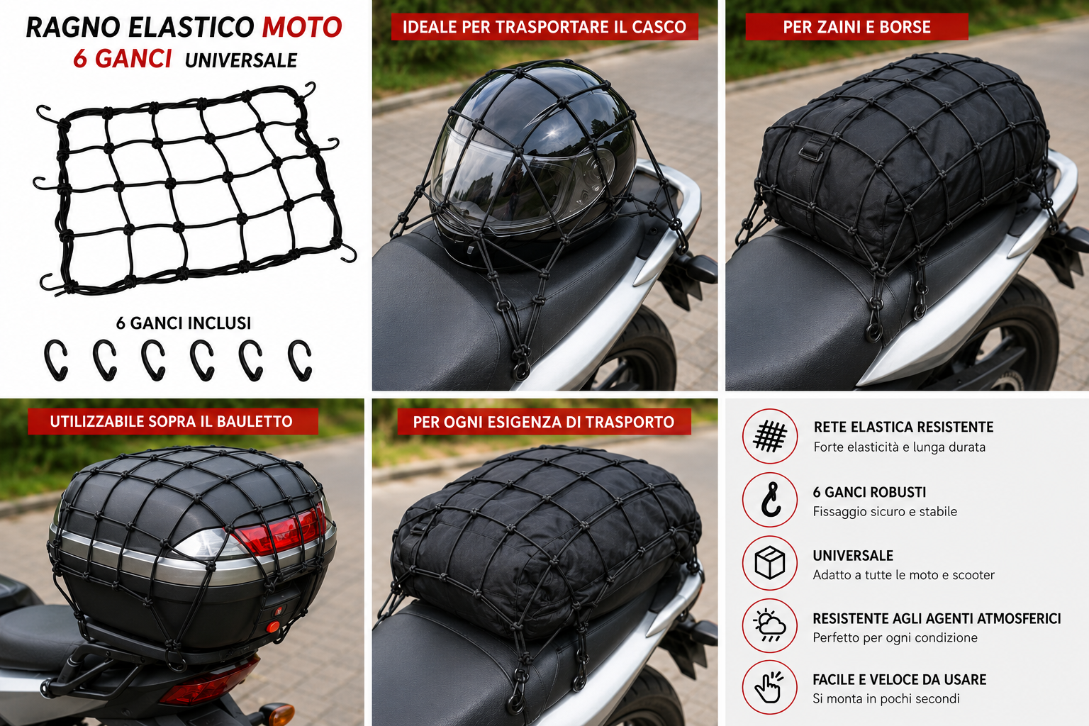 RAGNO ELASTICO MPH MOTO 6 GANCI UNIVERSALE | Rete Porta Casco e Porta Bagagli