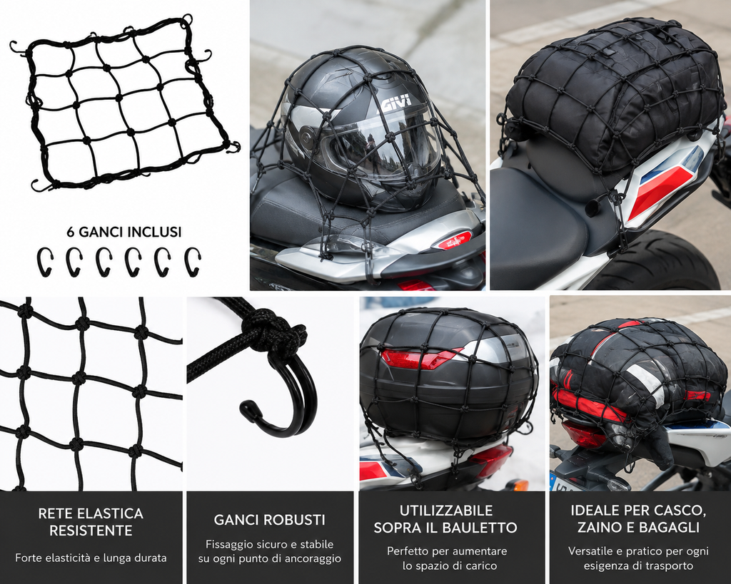 RAGNO ELASTICO MPH MOTO 6 GANCI UNIVERSALE | Rete Porta Casco e Porta Bagagli