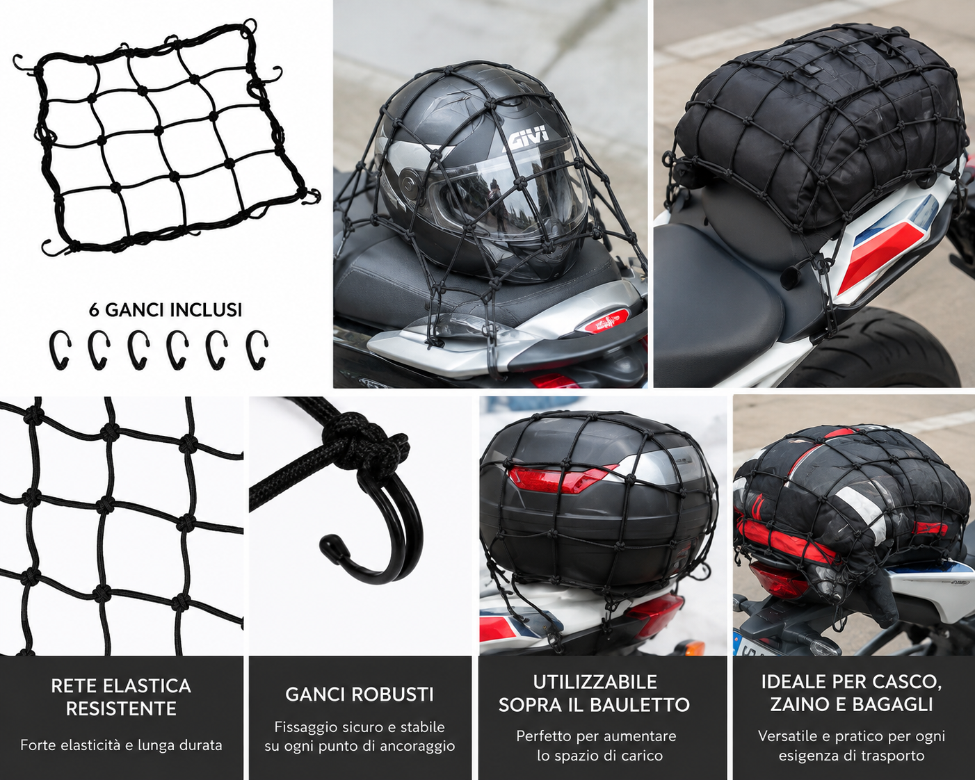 RAGNO ELASTICO MPH MOTO 6 GANCI UNIVERSALE | Rete Porta Casco e Porta Bagagli