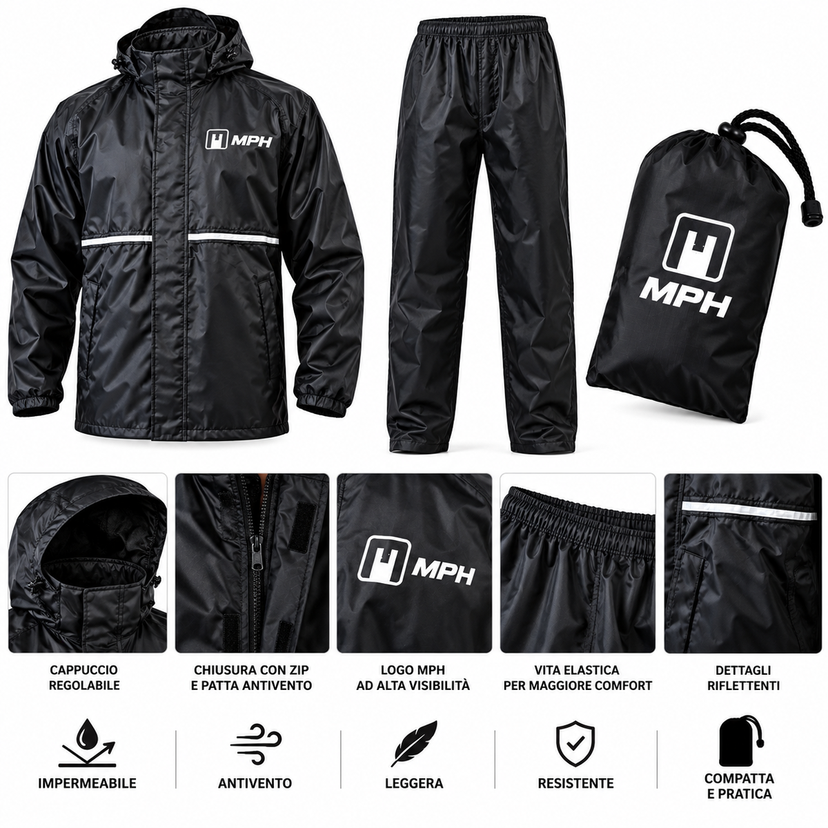 TUTA ANTIPIOGGIA MPH TEMPEST - 2 pezzi: giacca & pantalone - nero
